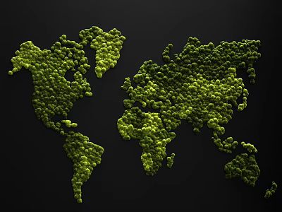 Green Plant Wall Artistic Design With World Map Shape Green Plants Black Background 3d model
