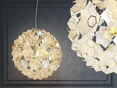 Modern Geometric Chandeliers With Hexagonal Patterns And Golden Accents On Dark Wall 3d model
