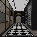 Elegant Tile Showroom Interior With Black White Checkered Floor And Gold Patterned Walls 3d model
