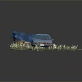 Abandoned Blue Car Surrounded By Overgrown Weeds And Stones On Weathered Ground