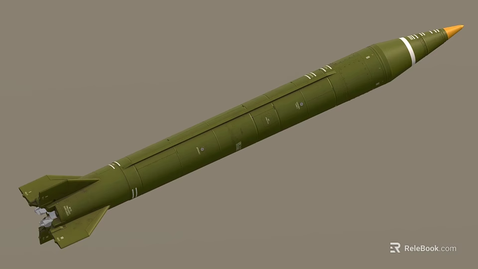 Green Military Missile With Long Cylindrical Body Rear Fins And White Tip 3d model 