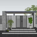 Single Family Villa Entrance With Gate Porch Green Plants And Stone Pavement