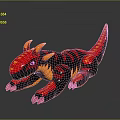 Vibrant Red Orange 3D Modeled Dragon Like Creature With Horns Purple Eyes And Striped Body