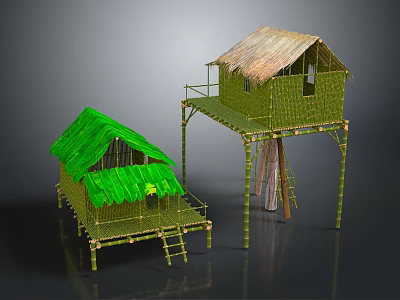 Cartoon Scene of Bamboo Houses with Green and Thatched Roofs and Stilt Structures 3d model