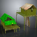 Cartoon Scene of Bamboo Houses with Green and Thatched Roofs and Stilt Structures