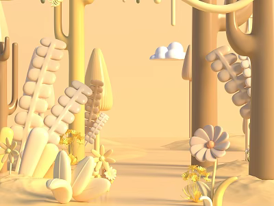 Cartoon Style Yellow Forest Scene With Trees Flowers And Clouds Decorative Backdrop 3d model