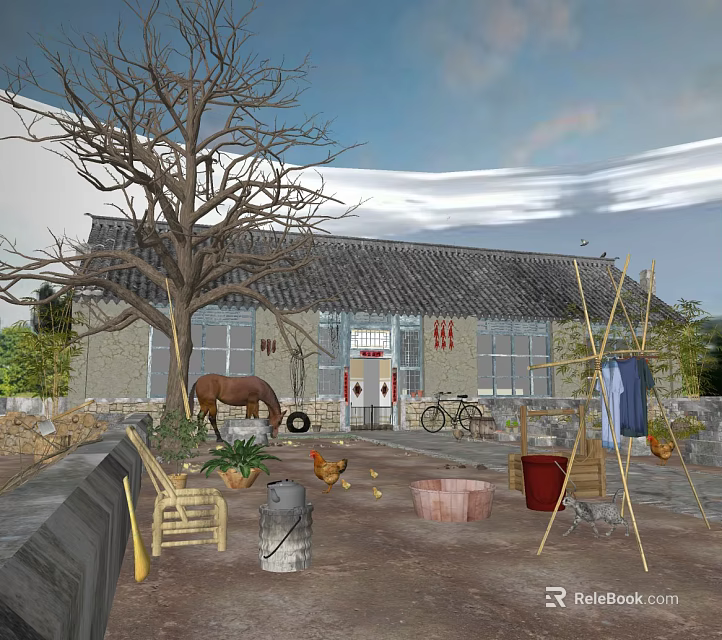 Traditional Rural Courtyard Scene With Old House Big Tree Horse Chickens Bicycle And Clothesline 3d model 