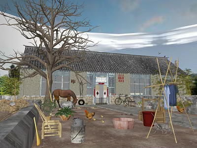 Traditional Rural Courtyard Scene With Old House Big Tree Horse Chickens Bicycle And Clothesline 3d model