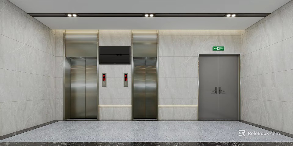 Modern Elevator Lobby With Stainless Steel Elevators Emergency Exit And Marble Walls 3d model