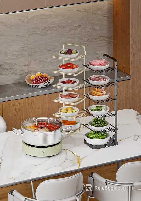 Fresh Hot Pot Ingredients On Multi Tiered Rack With Electric Pot On Kitchen Countertop 3d model 