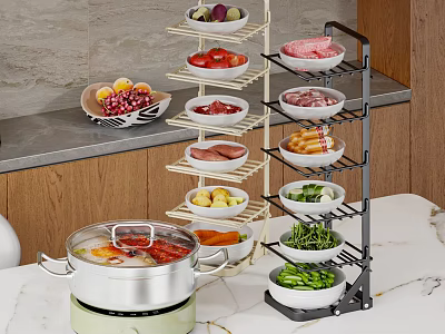 Fresh Hot Pot Ingredients On Multi Tiered Rack With Electric Pot On Kitchen Countertop 3d model