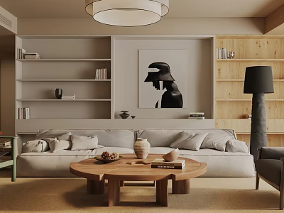 Modern Living Room Interior With Beige Sofa Wooden Coffee Table Artwork And Bookshelves 3d model
