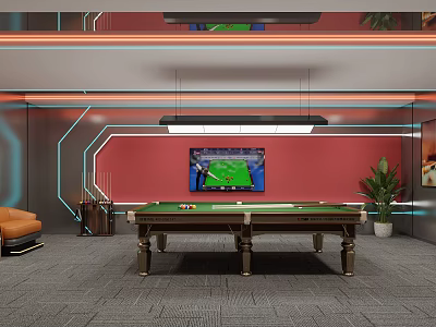 Modern Billiard Room Interior With Pool Table Red Wall TV And Potted Plant 3d model
