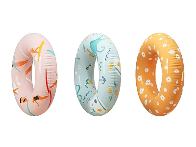 Three Colorful Inflatable Swim Rings With Floral Fish And Daisy Patterns 3d model