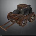 Ancient Wooden Cart Structure With Black Round Containers And Wooden Wheels