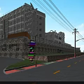Park Landscape with Wide Road Green Lawns Colorful Play Structures and Surrounding Buildings