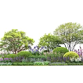 Lush Garden Shrubs With Green Trees And Purple White Flowers