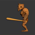 Cartoon Style Muscular Wooden Figure Standing Pose With Rugged Texture Holding Yellow Stick
