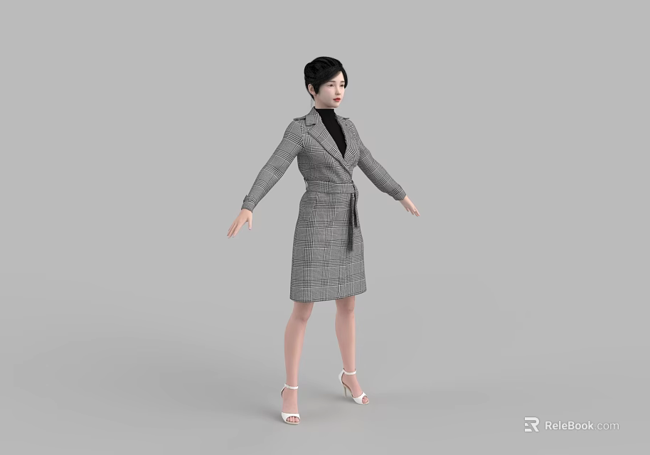 Woman Standing in Gray Plaid Coat Dress with Black Top and White High Heels 3d model 