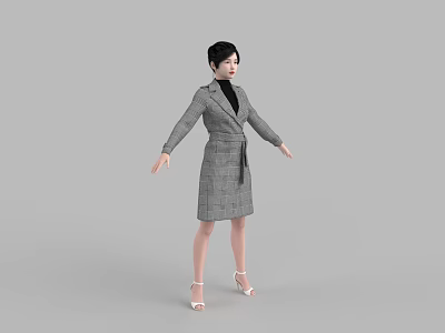 Woman Standing in Gray Plaid Coat Dress with Black Top and White High Heels 3d model