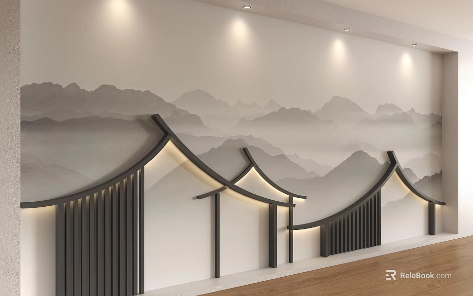 Chinese Mountain Landscape Background Wall With Roof Shaped Decorations Soft Lighting And Wooden Floor 3d model 