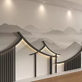 Chinese Mountain Landscape Background Wall With Roof Shaped Decorations Soft Lighting And Wooden Floor