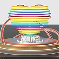 Heart Shaped Rainbow Colored Neon Light Installation With Red Arch Structures And Circular Base 3d model