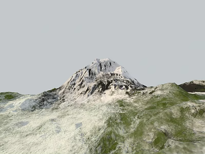 Outdoor Garden Landscape With Snowy Mountain Peak And Green Hills Scenery 3d model