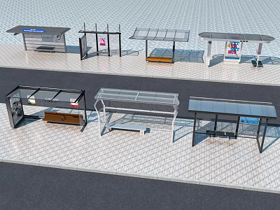 Various Modern Bus Station Shelter Designs With Seating And Advertising Features 3d model