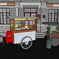 Urban Public Food Carts With Red Stools Green Cart White Box And Blue Trash Can