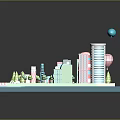 Colorful Architectural 3D Model Cityscape With Hot Air Balloon Airship Trees And Cars