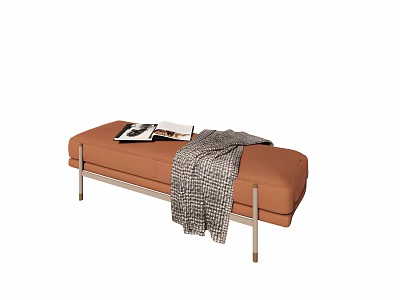 Orange Ottoman with Metal Legs and Gray Plaid Blanket on Top and Magazine 3d model