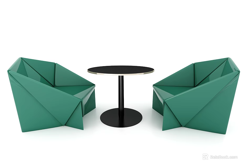 Innovative Geometric Table And Chairs Set With Green Origami Chairs And Black Round Table 3d model 