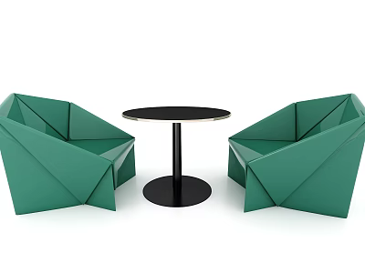 Innovative Geometric Table And Chairs Set With Green Origami Chairs And Black Round Table 3d model