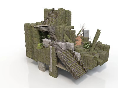 Modern Rock Structure Design With Stone Stairs Moss Covered Rocks Green Plants And Broken Elements 3d model