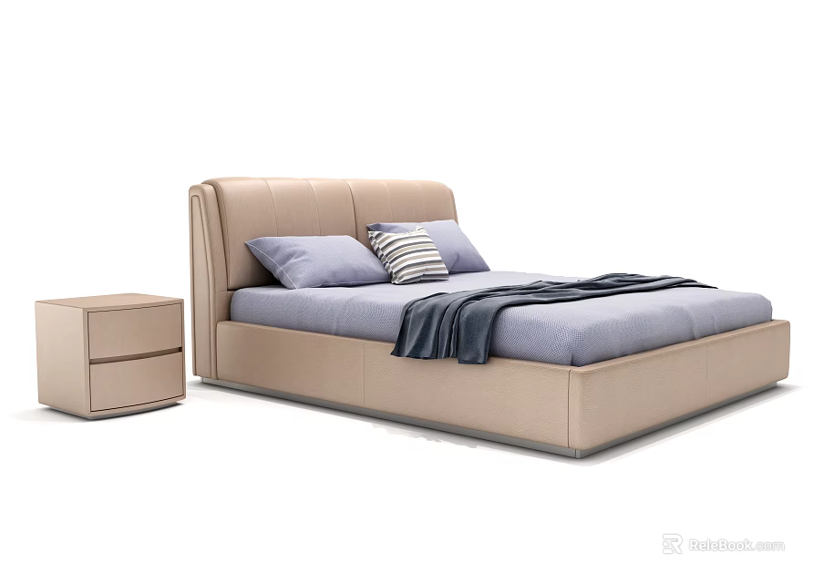 Modern Double Bed With Beige Headboard Blue Bedspread Pillows Blanket And Bedside Table 3d model