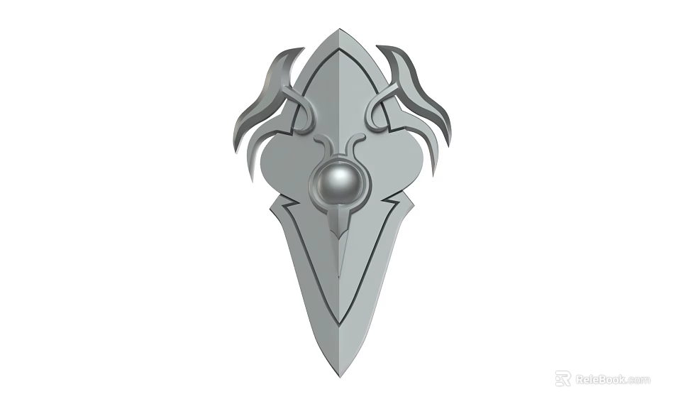 Gray Shield Shaped Weapon With Decorative Curved Ornaments And Central Sphere 3d model