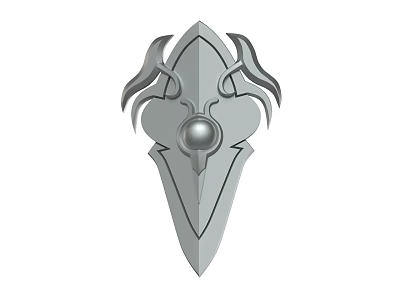 Gray Shield Shaped Weapon With Decorative Curved Ornaments And Central Sphere 3d model