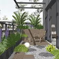 Cozy Home Balcony with Lush Plants Rattan Furniture Wooden Flooring and Pebble Path