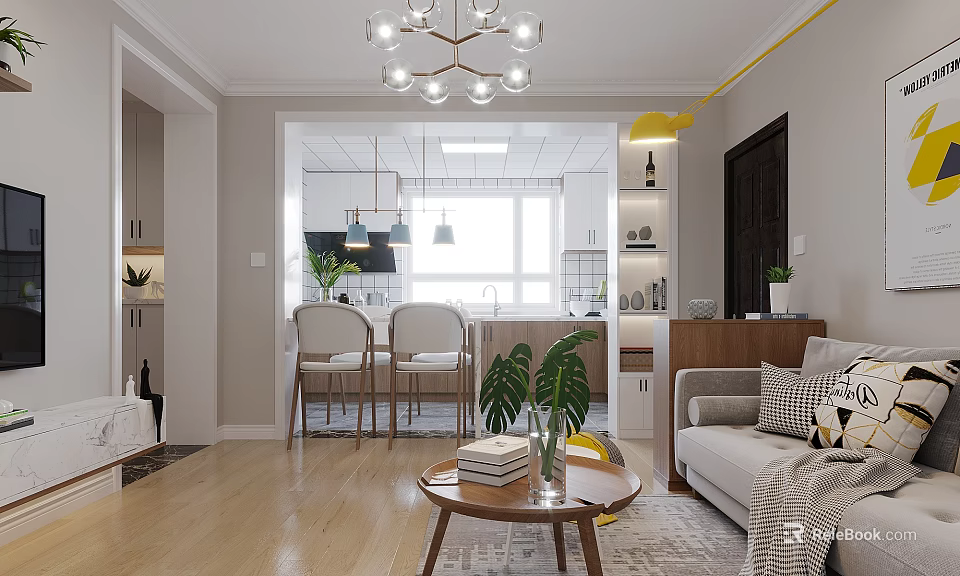 Modern Living And Dining Room Interior With Chandelier Sofa Coffee Table And Plants 3d model 