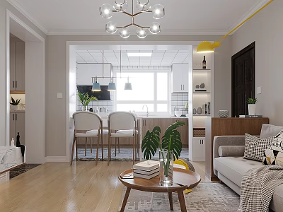 Modern Living And Dining Room Interior With Chandelier Sofa Coffee Table And Plants 3d model