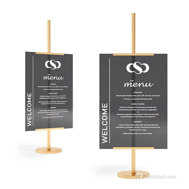 Restaurant Menu Billboard With Welcome Text And Elegant Gold Stand Design 3d model 