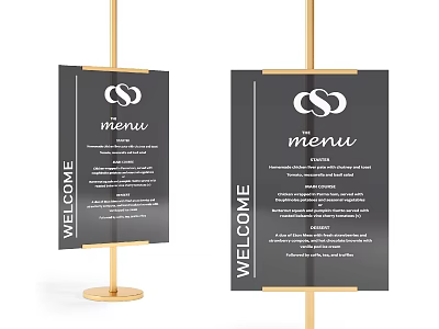 Restaurant Menu Billboard With Welcome Text And Elegant Gold Stand Design 3d model