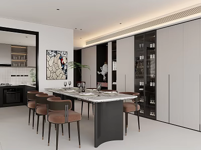 Modern Restaurant With Long Dining Table Brown Chairs Marble Countertop Glass Wine Cabinet Art Painting 3d model