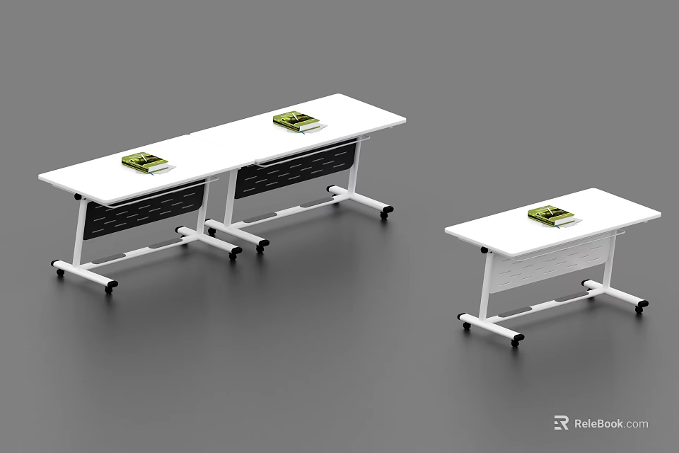 Movable Conference Table With White Tabletop Black Frame Wheels And Books On Top 3d model 