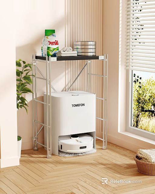 Multilayer Metal Storage Shelf with TOMEFON Robot Vacuum Cleaner Dishes and Cleaning Supplies for Home Indoor 3d model 