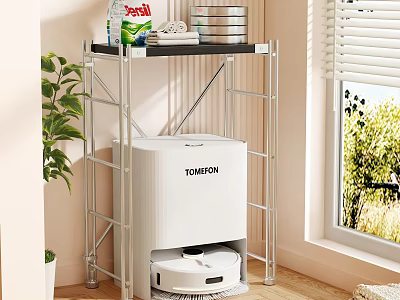 Multilayer Metal Storage Shelf with TOMEFON Robot Vacuum Cleaner Dishes and Cleaning Supplies for Home Indoor 3d model