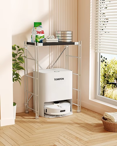Multilayer Metal Storage Shelf with TOMEFON Robot Vacuum Cleaner Dishes and Cleaning Supplies for Home Indoor 3d model