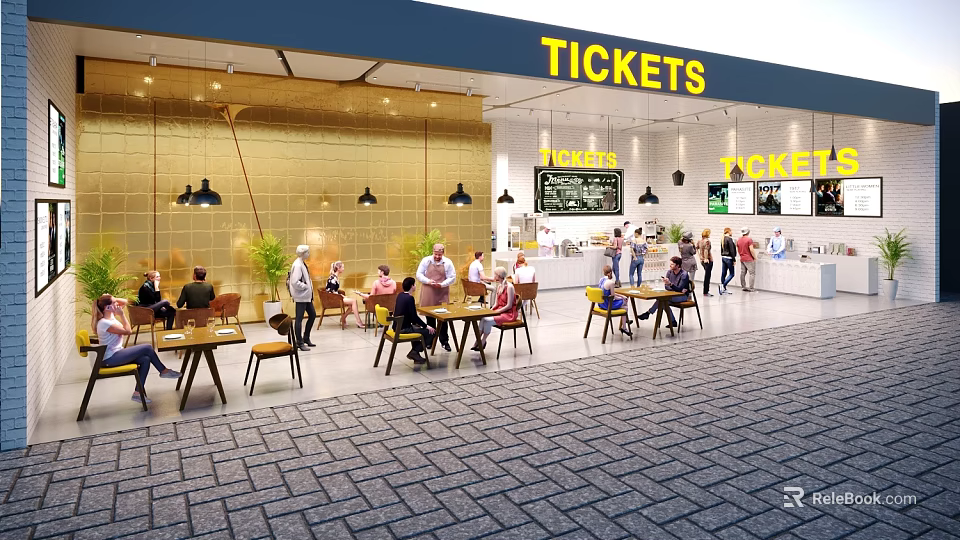 Bubble Tea Shop Interior With Seating Area Customers And Order Counter Design 3d model 
