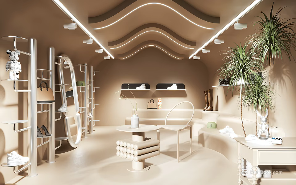 Boutique Interior With Beige Walls Ceiling Wave Shaped Lights Metal Shelves Green Plants White Table 3d model 